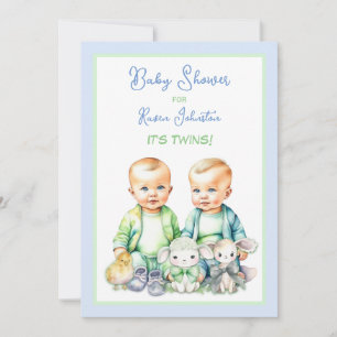 Blauw en Groen Twin Boys Baby Douche Uitnodigingen