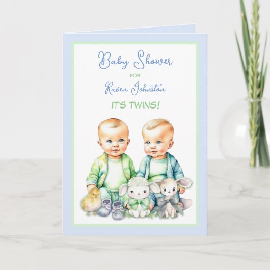 Blauw en Groen Twin Boys Baby Douche Uitnodigingen (Voorkant)