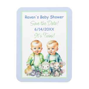 Blauw en Groen Twin Boys Baby shower Save the Date Magneet