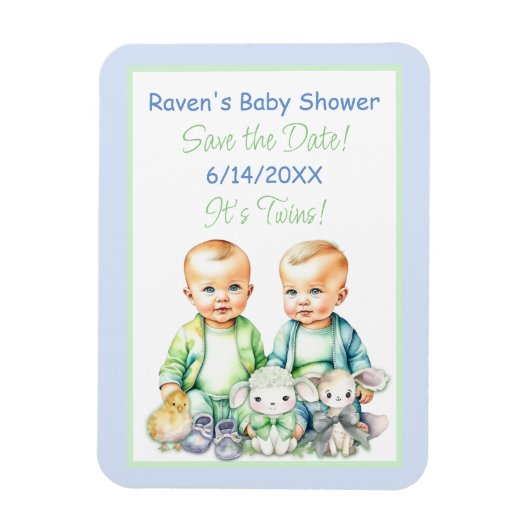 Blauw en Groen Twin Boys Baby shower Save the Date Magneet (Verticaal)