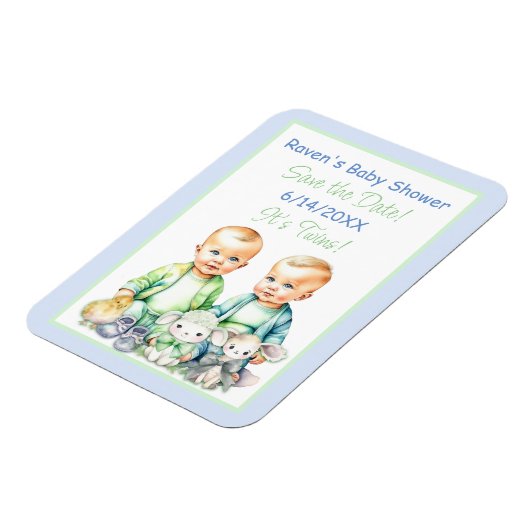 Blauw en Groen Twin Boys Baby shower Save the Date Magneet (Linkerzijde)