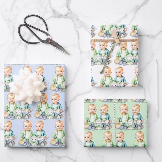Blauw en Groen Twin Boys Waterverf Baby shower Inpakpapier Vel (Voorkant)