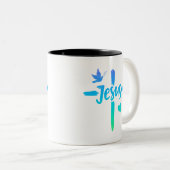 Blauw en groen verloop Jesus Cross Christelijk Tweekleurige Koffiemok (Voorkant rechts)