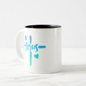 Blauw en groen verloop Jesus Cross Christelijk Tweekleurige Koffiemok (Voorkant links)