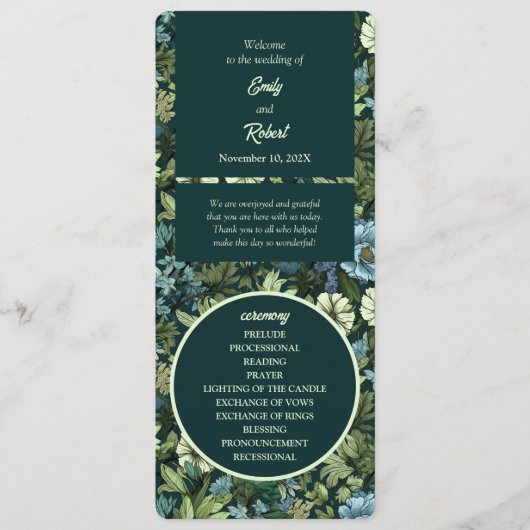 Blauw en Groen Victoriaans Wildbloemen Romantisch Programmakaart (Voorkant)