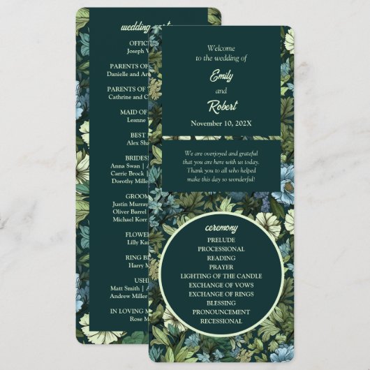 Blauw en Groen Victoriaans Wildbloemen Romantisch Programmakaart (Voorkant / Achterkant)