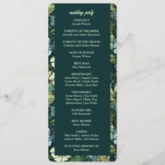 Blauw en Groen Victoriaans Wildbloemen Romantisch Programmakaart (Achterkant)