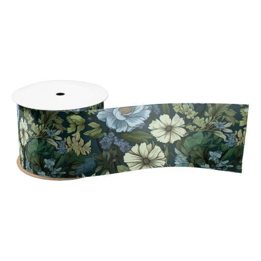 Blauw en Groen Victoriaans Wildbloempatroon Satijnen Lint (Spoel)