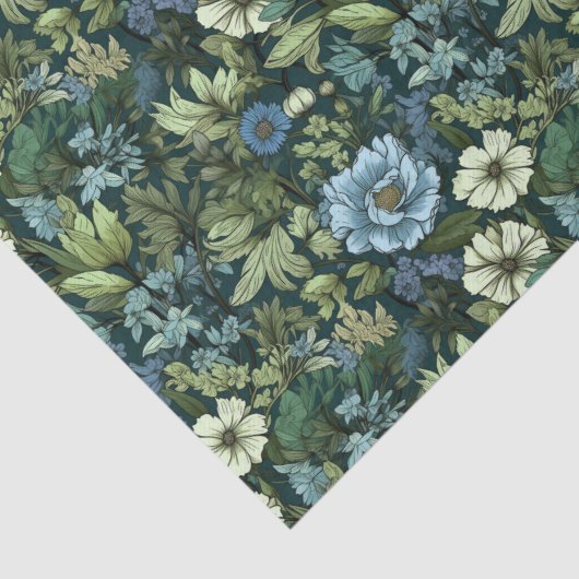 Blauw en Groen Victoriaans Wildbloempatroon Tissuepapier (Detail)