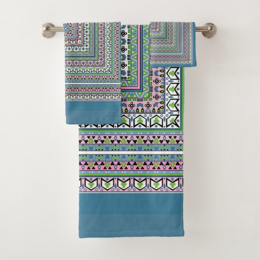 Blauw en groen vierkant etno sier sjaal bad handdoek (Insitu)
