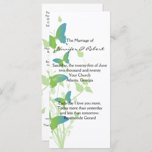 Blauw en Groen Vlinder Vine Huwelijksprogramma Programmakaart (Voorkant / Achterkant)