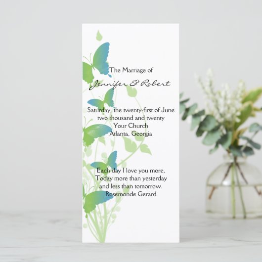 Blauw en Groen Vlinder Vine Huwelijksprogramma Programmakaart (Staand voorkant)