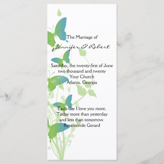 Blauw en Groen Vlinder Vine Huwelijksprogramma Programmakaart (Voorkant)