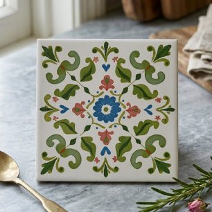Blauw en groen volks kunst bloem decoratieve keram tegeltje
