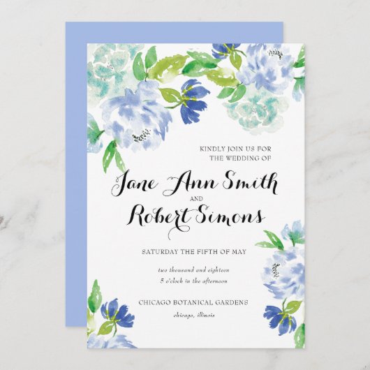 Blauw en groen Waterverf huwelijksuitnodiging Kaart (Voorkant / Achterkant)