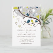 Blauw en groen Whimsical Lovebirds Wedding Kaart (Staand voorkant)