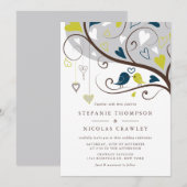 Blauw en groen Whimsical Lovebirds Wedding Kaart (Voorkant / Achterkant)