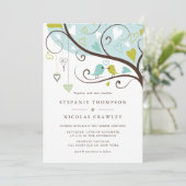 Blauw en groen Whimsical Lovebirds Wedding Kaart (Staand voorkant)