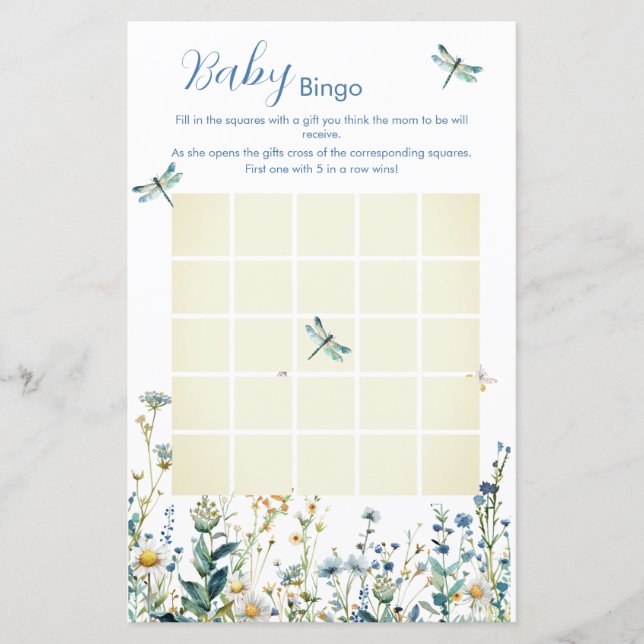 Blauw en groen wildflower baby shower Bingo spel (Voorkant)