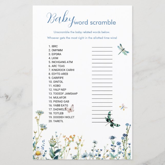 Blauw en groen wildflower baby woord scramble spel (Voorkant)