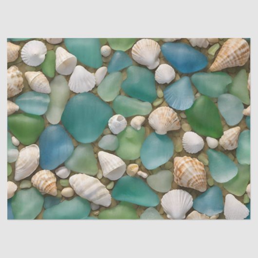 Blauw en groen Zee Glass en Seashell Tissue Paper Tissuepapier (Voorkant)