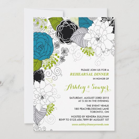 Blauw- en Groene flesjes Rehearsal Dinner Kaart (Voorkant)