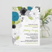 Blauw- en Groene flesjes Rehearsal Dinner Kaart (Staand voorkant)