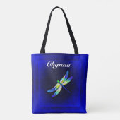 Blauw en groene libel op blauwe geometrische vierk tote bag (Achterkant)
