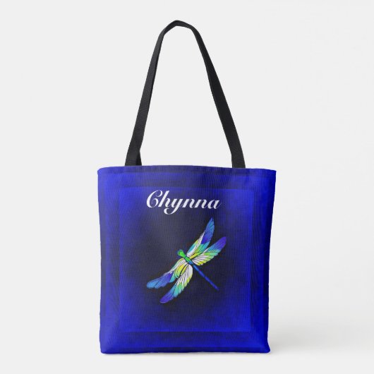 Blauw en groene libel op blauwe geometrische vierk tote bag (Achterkant)