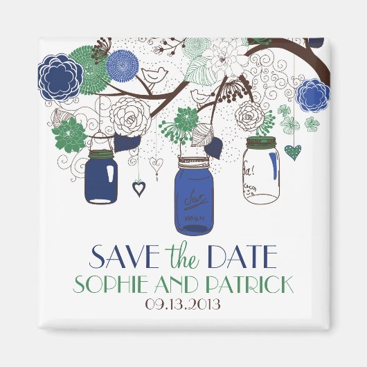 Blauw en Groene Mason Jars sparen de Datum Magnet (Voorkant)