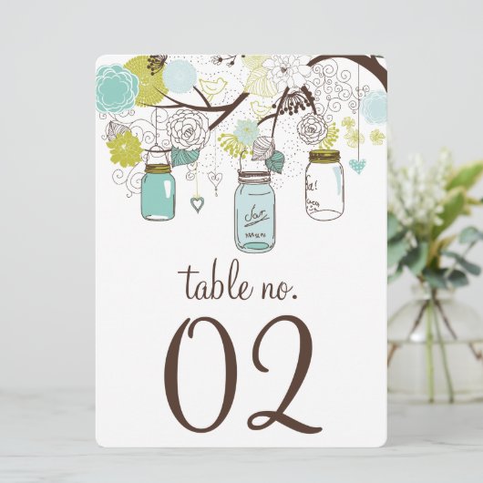 Blauw en groene Mason potten tafel nummers kaart (Staand voorkant)