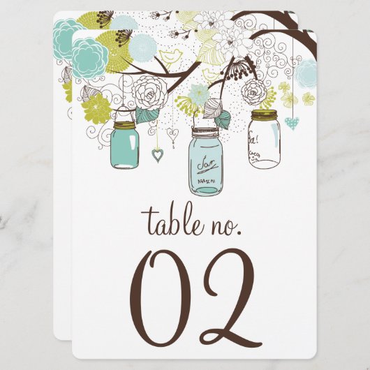 Blauw en groene Mason potten tafel nummers kaart (Voorkant / Achterkant)
