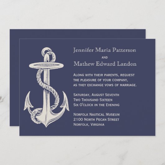 Blauw en Ivoor  Anker Bruiloft Uitnodiging (Voorkant / Achterkant)