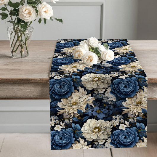Blauw en ivoor bloemendessin moderne tafelloper