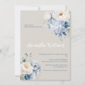 Blauw en ivoor bloemenmeisje baby shower uitnodigi kaart (Voorkant)