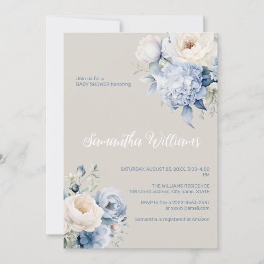 Blauw en ivoor bloemenmeisje baby shower uitnodigi kaart (Voorkant)