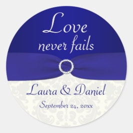 Blauw en Ivoor Damask 1,5" ronde bruiloft Sticker