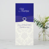 Blauw en Ivoor Damask Bruiloft Menu Kaart (Staand voorkant)