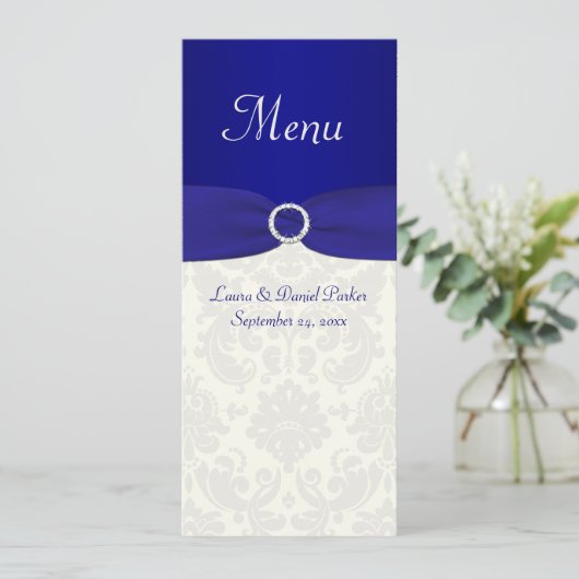 Blauw en Ivoor Damask Bruiloft Menu Kaart (Staand voorkant)