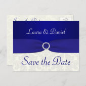 Blauw en Ivoor Damask Save the Date Briefkaart (Voorkant / Achterkant)