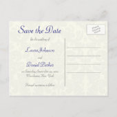 Blauw en Ivoor Damask Save the Date Briefkaart (Achterkant)