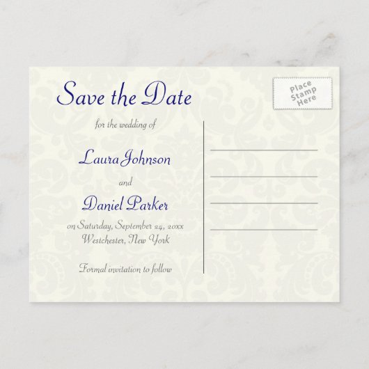 Blauw en Ivoor Damask Save the Date Briefkaart (Achterkant)