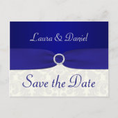 Blauw en Ivoor Damask Save the Date Briefkaart (Voorkant)