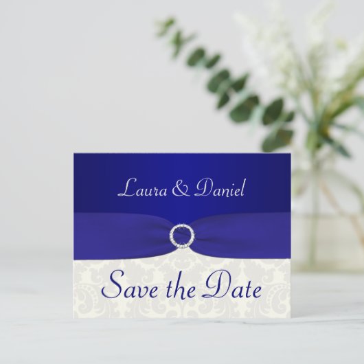 Blauw en Ivoor Damask Save the Date Briefkaart (Staand voorkant)