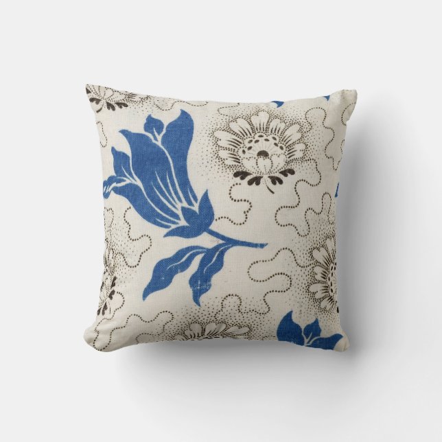  blauw en ivoor Floral Patroon | Proefproject Kussen (Voorkant)