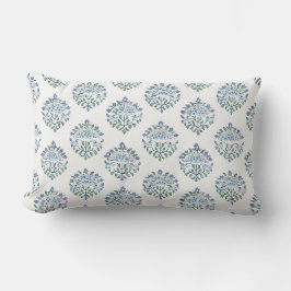 Blauw en ivoor handblock medaillonprint kussen