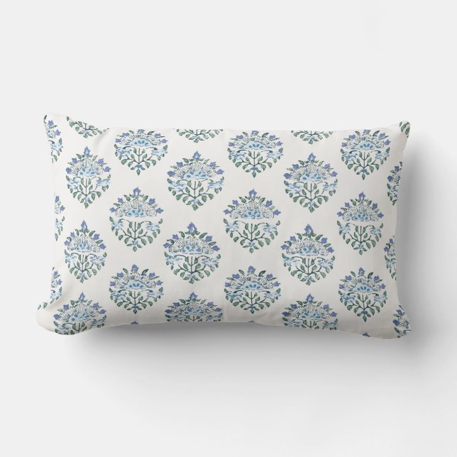 Blauw en ivoor handblock medaillonprint kussen (Voorkant)