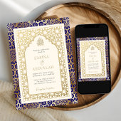 Blauw en Ivoor Islamitische Boog Moslim Bruiloft Kaart