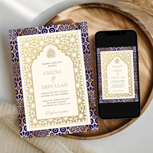 Blauw en Ivoor Islamitische Boog Moslim Bruiloft Kaart