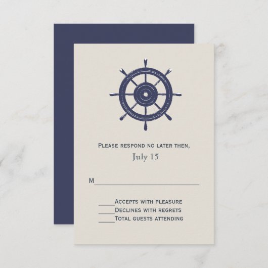 Blauw en Ivoor Nautisch Thema Bruiloft RSVP Kaart (Voorkant / Achterkant)